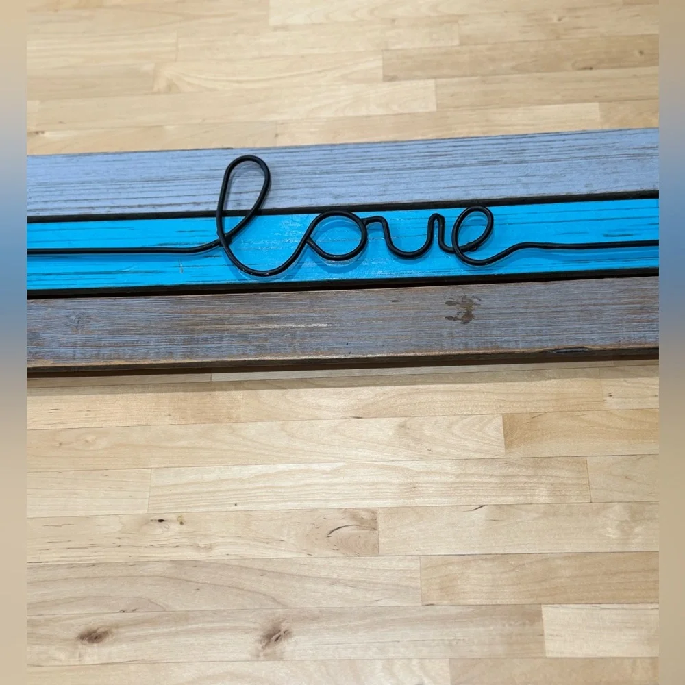 LOVE Sign in Distressed Wood Style with a Dark Aqua Detail. Blue Paint- 28x6.5”